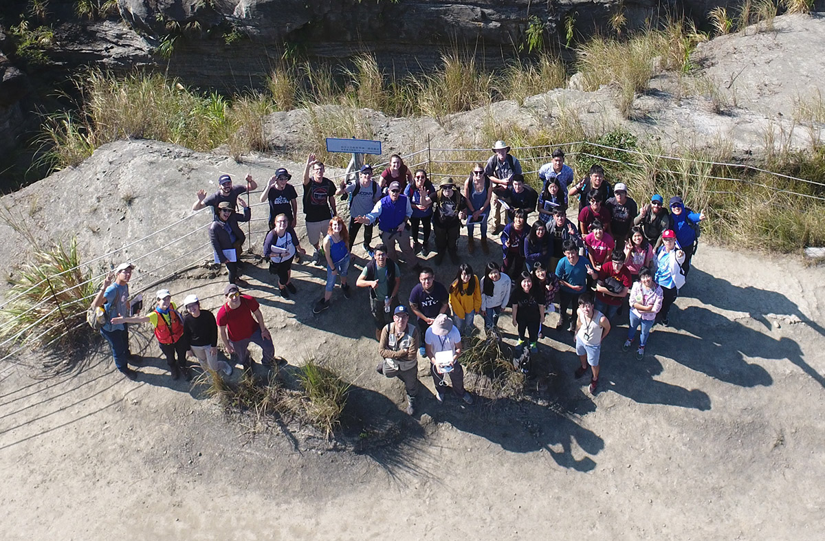 Drone sky view of students on field trip